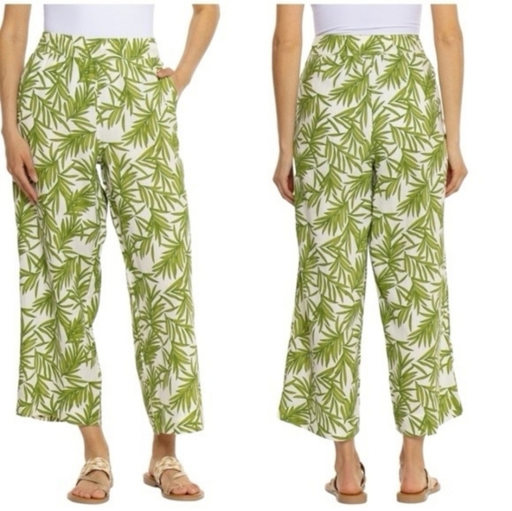 NWOT Nicole Miller Wide Leg Linen Capri Pant Tropical Leaf Print
